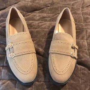 SHEIN Tan Suede Loafers with Double Buckle